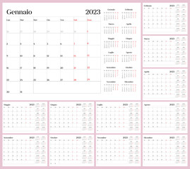 Italian language planer calendar 2023, Week starts with monday - obrazy, fototapety, plakaty