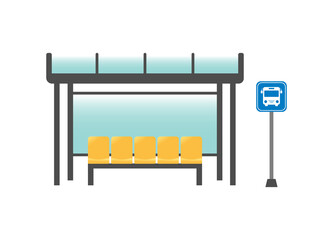 Bus stop with cityscape in Background with sign. Public Transport in City. Flat Design Style. Vector Illustration