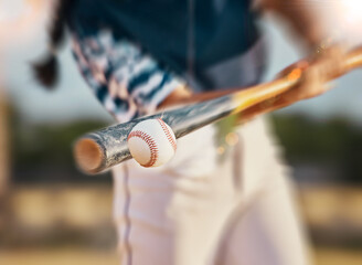 Baseball player, bat and ball while swinging during sports game, match or training outside. Closeup...