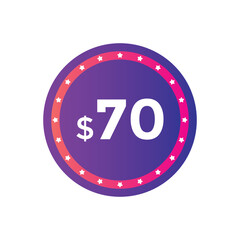 Monthly 70 Dollar price tag or sticker. seventy dollars sales tag. shopping promotion marketing concept. sale promotion Price Sticker Design
