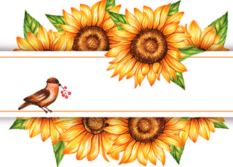 Frame of sunflowers and bird. Watercolor and marker art. Botanical Illustration. 