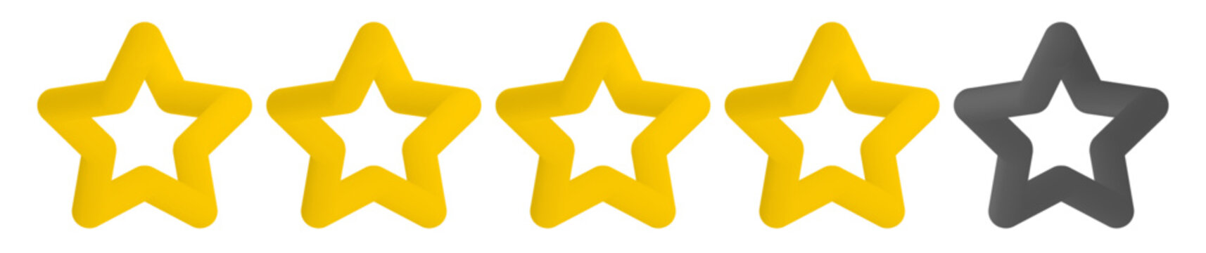 Four Cute 3d Star From Five, Rating Bar. 4 Rating Gold Stars Icon For Review Product, Internet Website And Mobile Application On White Background. Isolated Vector Icon, Sticker. Service Rating