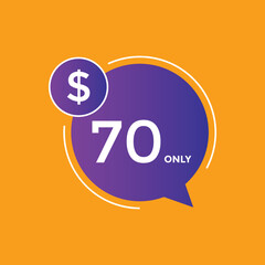 70 dollar price tag. Price $70 USD dollar only Sticker sale promotion Design. shop now button for Business or shopping promotion
