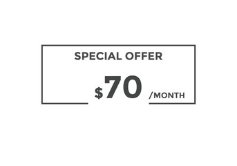 $70 USD Dollar Month sale promotion Banner. Special offer, 70 dollar month price tag, shop now button. Business or shopping promotion marketing concept
