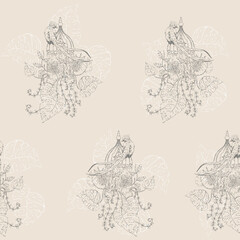 Vector Soft Victorian Garden Bird Lineart seamless pattern background. Perfect for fabric, scrapbooking and interior design projects.