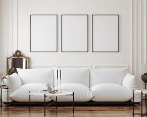 Fototapeta Frame mockup in modern classic living room interior background, 3D render obraz