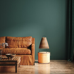 Dark green home interior with old retro furniture, 3d render	