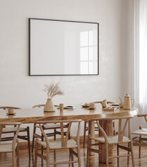 Horizontal black frame mockup in farmhouse dining room interior, 3d render