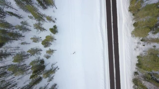 Staright down shooted cinematic drone aerial above the road. White car driving on the street. Green trees by the road sides and white snow cover.