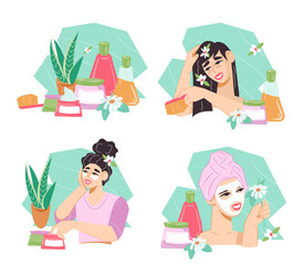 Beauty procedures and cosmetics products set, flat vector illustration isolated on white background. Skin, body and hair care banners or badges bundle for home and professional SPA and cosmetics.