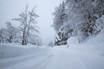 snow-covered mountain forest road. Winter time