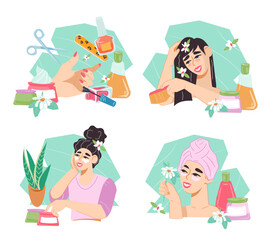 Beauty procedures, nail art and cosmetics products set, flat vector illustration isolated on white. Manicure, face skin care and SPA procedures, cosmetic treatment badges or banners collection.