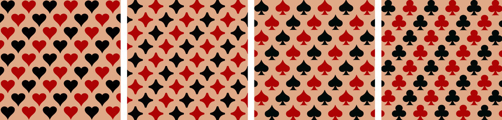 Playing card symbols vector illustration patterns. Suits, hearts, diamonds, spades, clovers. Black and red color icons