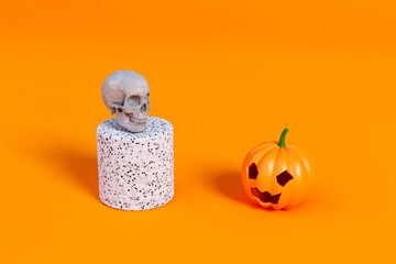 Halloween pumpkin and white skull face to face on a orange background. 3d illustration