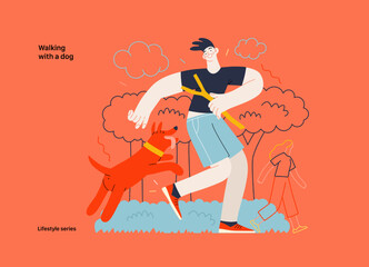 Lifestyle series - Walking with a dog - modern flat vector illustration of a young man and a dog playing outside. People activities concept