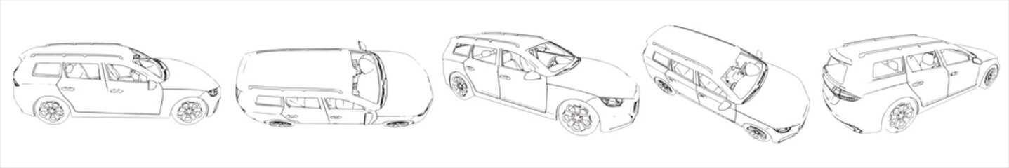 Vector set of an urban luxury car sketches from different perspectives as a metaphor for transportation and travel, independence, flexibility, freedom and privacy