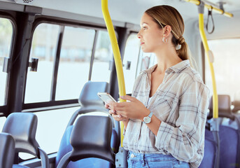 Fototapeta na wymiar Woman, bus travel and phone on public transportation while thinking and using social media or internet app for information about city traveling. Female passenger with 5g network cellphone in town