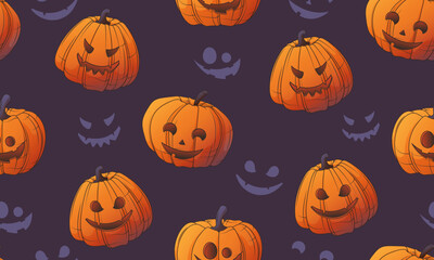 Vector seamless pattern with Halloween pumpkins and smiley faces.  Illustration for wrapping paper, packaging, card decoration, Halloween design.