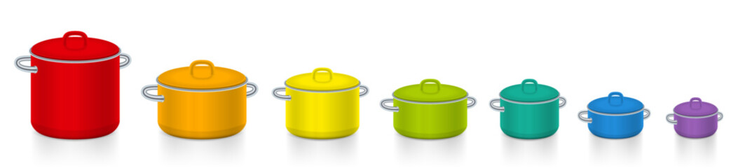 Colorful pots, rainbow colored set of enamel saucepots, different sizes and colors for cooking fun for every day of the week, red, orange, yellow, green, turquoise, blue, purple. Isolated vector.
