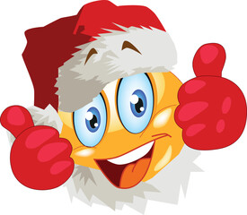 Christmas yellow shiny round emotion on a white background, a smiley in a Santa hat, with a white beard