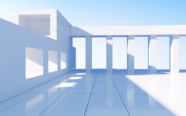 White abstract geometric construction, empty outdoor architecture scene, 3d rendering.