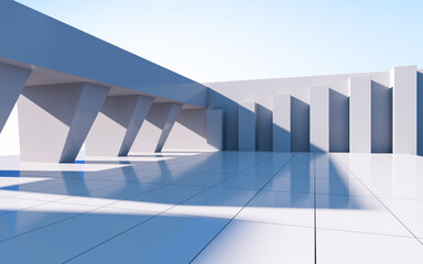 Gray abstract geometric construction, empty outdoor architecture scene, 3d rendering.