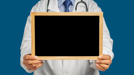 Midsection of a doctor in uniform holding a mini blackboard while standing on a blue background