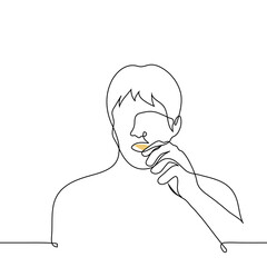man eating snacks with his hands (nachos, chips) one line drawing vector. concept eat dry food