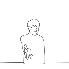 man extended his hand to the viewer - one line drawing vector. concept to offer or ask for help