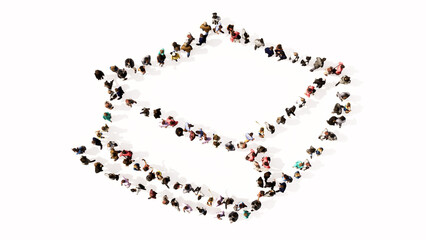 Concept or conceptual large community  of people forming the image of a closed book on white background. A 3d illustration metaphor for learning, education, research, scienc, literature and culture