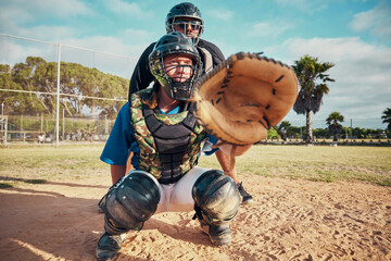 Baseball, sport and team person fielder on a outdoor sports field during a exercise game or match....