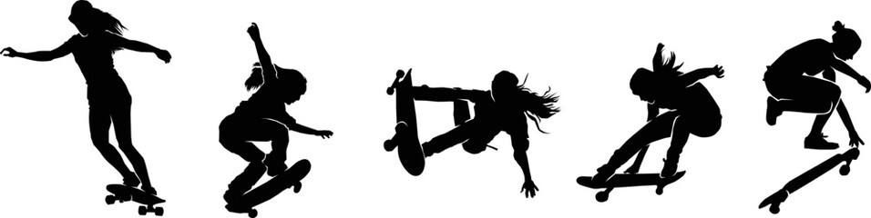 Set of Black silhouette of skateboarder. Skateboard girl. Skateboarding trick ollie. Jump on skateboard. Vector illustration. Silhouette of a cute girl with long hair, with skateboard. 
