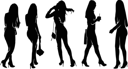 silhouettes of woman standing, different poses, people, group women, black color, isolated on white background