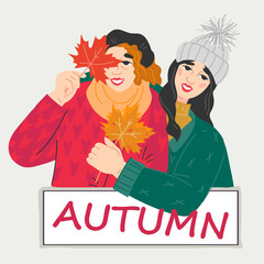 Autumn banner with young girls characters posing with fall leaves, flat vector illustration. Backdrop for autumn business and amusement events, store promotion.