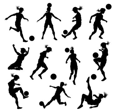 A set of female soccer football player women silhouettes
