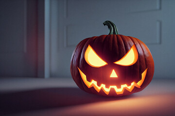Glowing halloween pumpkin lantern in a dark room.