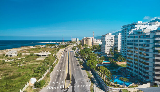 Highway Los Corales in Caribbean public beach. Vargas, Venezuela. Aerial View.