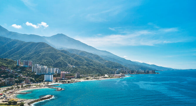 Aerial Panoramic view of Caraballeda de la Costa coastline caribbean beach, Vargas State. Venezuela.