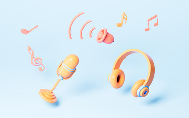 Cartoon style microphone and earphones on the blue background, 3d rendering.