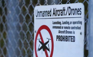 Unnamed aircraft and drones sign saying that is forbidden or prohibited to fly. No fly zone.