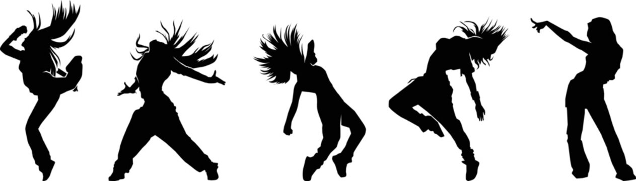 Set of long hair girl dancing silhouette on white background