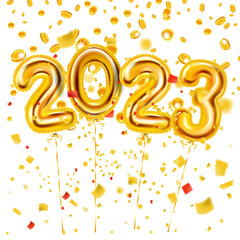 2023 Golden foil numerals balloons, Merry Christmas and Happy New Year 2023 banner