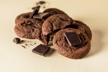 Food Photography of Sweet Double Chocolate Chip Cookies on Yellow Background Horizontal