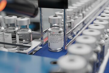 Rows of labelled glass vials on a conveyor with a generic Covid-19 vaccine. Factory setting....