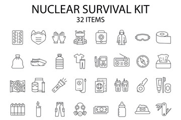 Set of 32 nuclear survival kit icons. Surviving, war, emergency, aid, backpack,  disasters. collection of line icons. Editable stroke