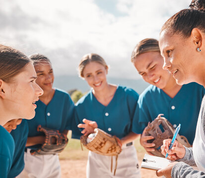 Coach gives strategy to baseball women team, to give them success and secure victory. Female leader talking to inspire motivation, teamwork and collaboration for softball sport athletes to win a game - Powered by Adobe