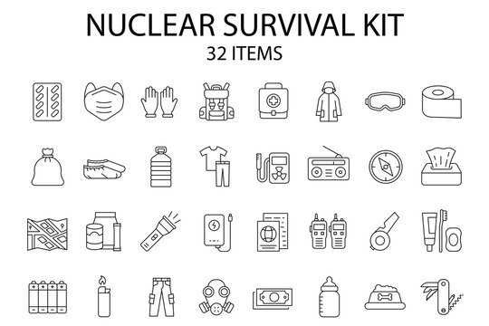 Set of 32 nuclear survival kit icons. Surviving, war, emergency, aid, backpack,  disasters. collection of line icons. Editable stroke