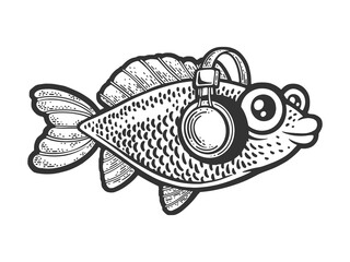 fish in headphones listening to music sketch engraving vector illustration. Scratch board imitation. Black and white hand drawn image.