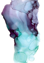 A light translucent cloud of smoke in a lilac-emerald gradient in fluid art technique. Delicate wallpaper for modern creative design, attracting attention. Soft splash with wavy texture and bubbles.