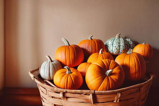 Pumpkins In A Wicker Basket Of Various Sizes On A Wooden Table. View From Above.